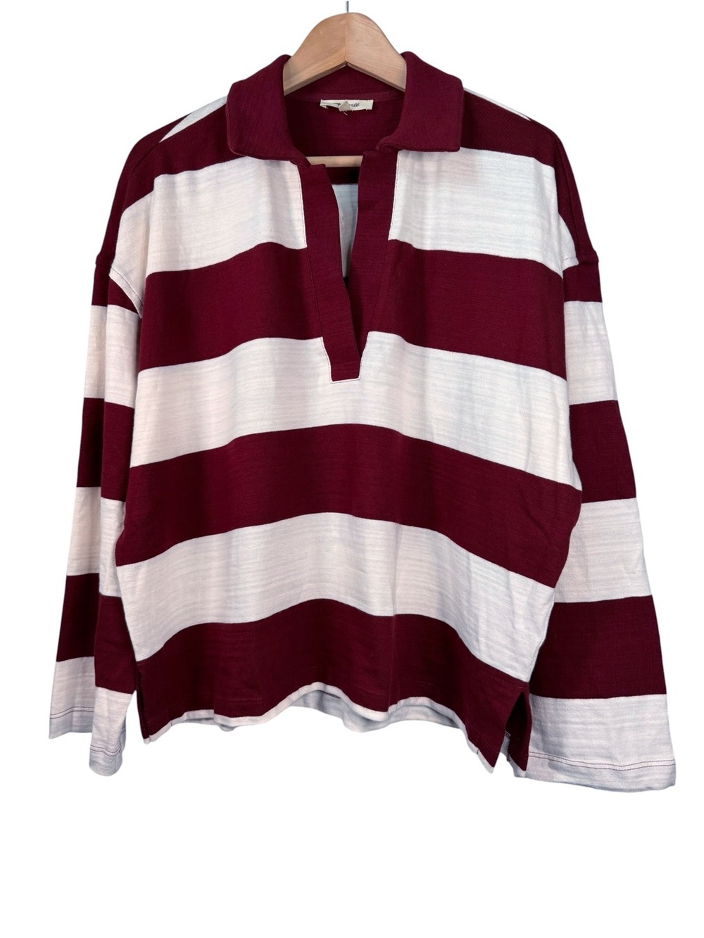 SOLD Madewell Rugby Polo Shirt Large Maroon White Stripe Oversized Long Sleeve - Picture 1 of 5